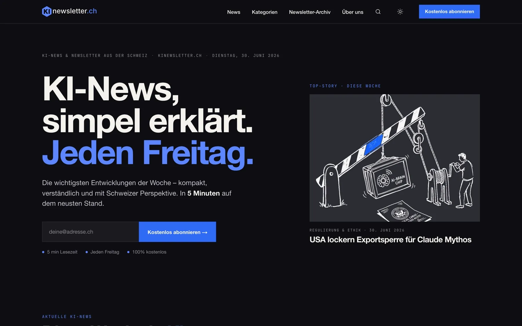 kinewsletter.ch — Startseite der neu gestalteten KI-News-Plattform mit Hero und Top-Story (Desktop)