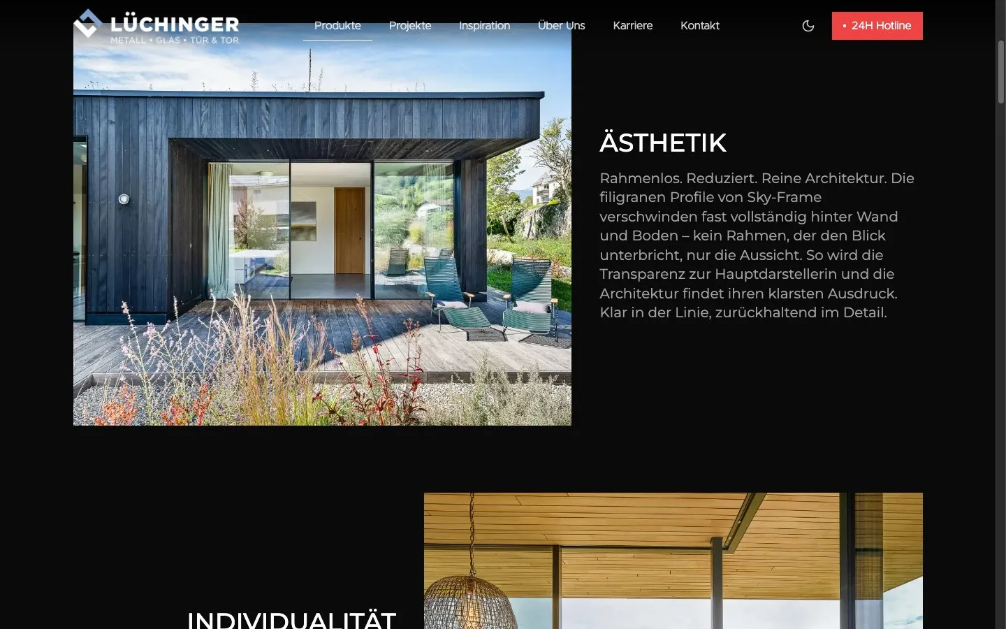 Lüchinger Metallbau — Sky-Frame-Produktseite, Sektion »Ästhetik« mit Architekturbild