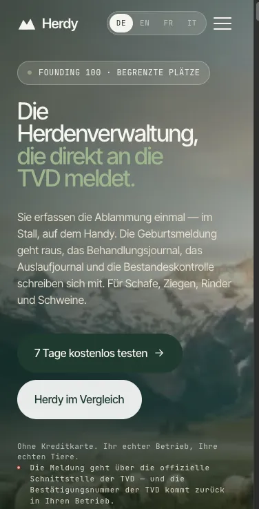 herdy.ch auf dem Smartphone — Hero mit TVD-Versprechen
