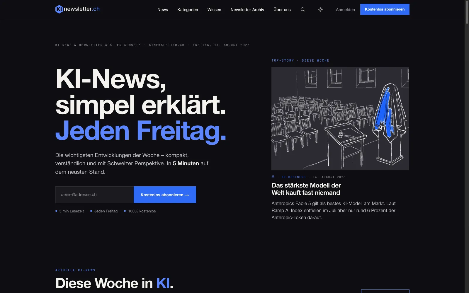 Screenshot kinewsletter.ch — Startseite mit Top-Story
