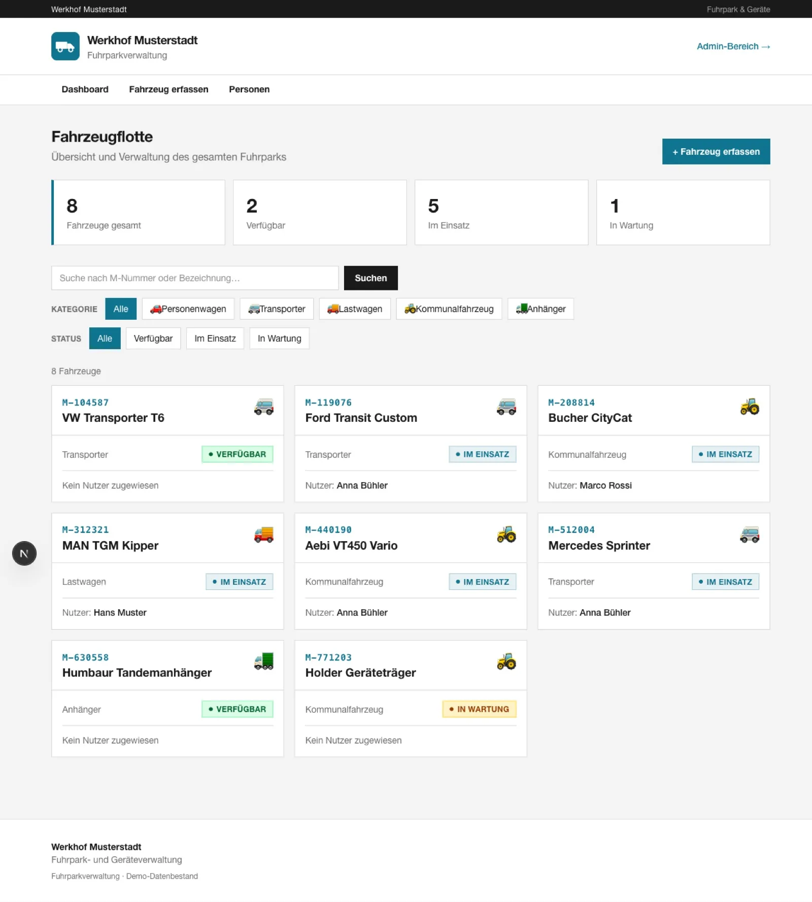 SAF-fleet — Fuhrpark-Dashboard mit Status-Übersicht, Filtern und Fahrzeugkarten (Demo-Branding «Werkhof Musterstadt»)